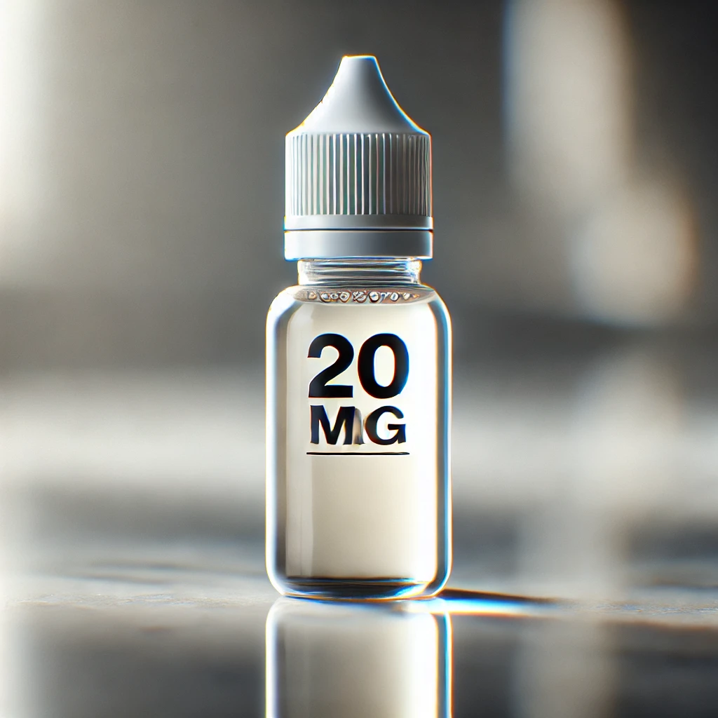 DALL·E 2024-10-31 08-32-51 - A close-up of an e-cigarette liquid bottle with a label showing 20mg in bold text- The bottle is small and sleek, with a modern, clear design, fille.webp