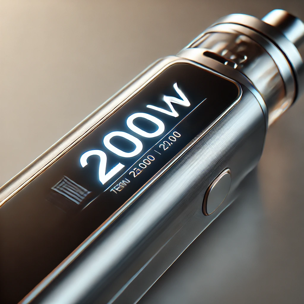 DALL·E 2024-10-31 08-33-18 - A close-up of a modern e-cigarette device with a digital screen displaying 200W in bold- The e-cigarette has a sleek, metallic finish, and the scree.webp