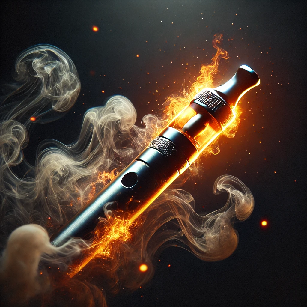 DALL·E 2024-10-31 09-00-04 - A dramatic close-up of an e-cigarette with smoke that appears to be ignited, creating a fiery effect- The e-cigarette has a sleek, modern design with .webp